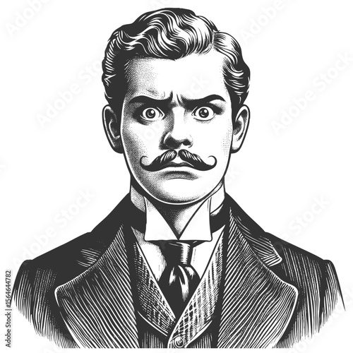 Victorian man with a sharp mustache and wide-eyed, surprised expression in formal attire sketch engraving generative ai fictional character vector illustration. Scratch board. Black and white image.