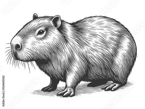 Capybara sketch engraving generative ai fictional character vector illustration. Scratch board imitation. Black and white image.