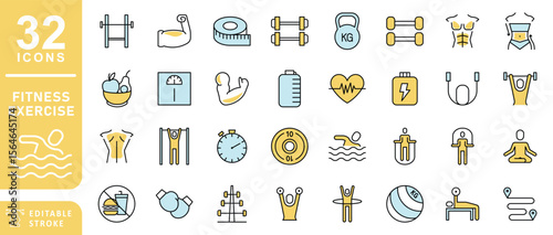 Fitness Exercise Workout Colored Line Icons. Editable Stroke. Contains such icons as Bodybuilding, Heartbeat, Swimming, Cycling, Running, Diet.