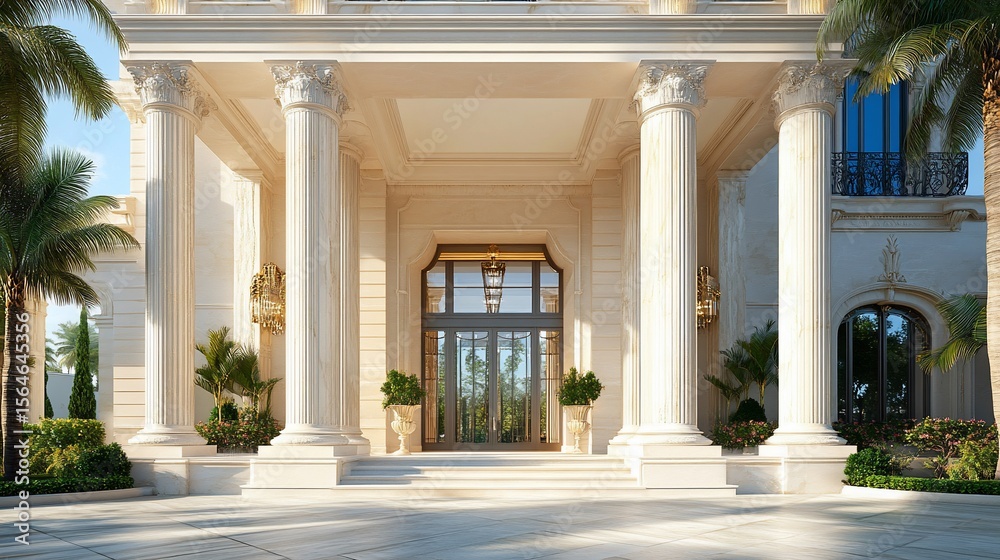 Fototapeta premium Grand entrance facade with towering columns and tropical landscaping