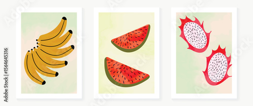 Abstract fruit wall art background vector set . Minimalist mid century modern drawing with banana, watermelon, dragon fruit. Contemporary art design for wallpaper, home decoration, cover, interior.