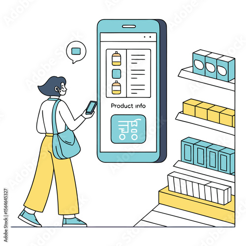 Woman using smartphone for shopping in a store with shelves and product information on the screen display