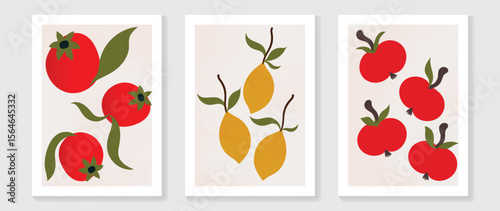 Abstract fruit wall art background vector set . Minimalist mid century modern drawing with tomato, mango, cherry. Contemporary art design for wallpaper, home decoration, cover, interior.