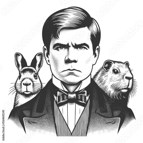 Serious Man with Rabbit and Groundhog sketch engraving generative ai fictional character vector illustration. Scratch board imitation. Black and white image.