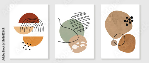 Abstract wall art background vector set . Minimalist mid century modern drawing with geometric shape watercolor texture. Contemporary art design for wallpaper, home decoration, cover, interior.