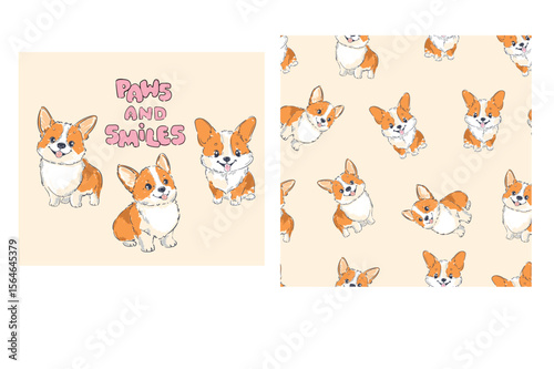 seamless pattern with hand drawn cute corgi dog print background vector