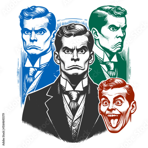 Victorian man shown in four emotional expressions, blending pop art and engraving aesthetics sketch engraving generative ai fictional character vector illustration. Scratch board. Black and white.