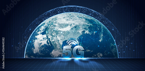 Fototapeta Naklejka Na Ścianę i Meble -  Global 5G network wireless systems and internet technology concept. smart city communication network. 5G wireless mobile internet wifi connection data. Elements of this image furnished by NASA.