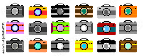 This icon set features cameras in various styles, and is suitable for representing photography, videography, or memories. Available in colorful, line art, or plain styles, there is also black and whit