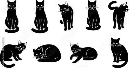 Elegant Pet Silhouettes: Black Cat Poses, Set of Minimalist Black Cat Icons, Dark Cat Collection: Spooky Feline Graphics.