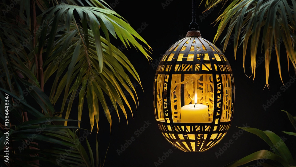 Obraz premium A decorative lantern with a lit candle hangs amidst lush green tropical leaves, casting a warm glow in the dark