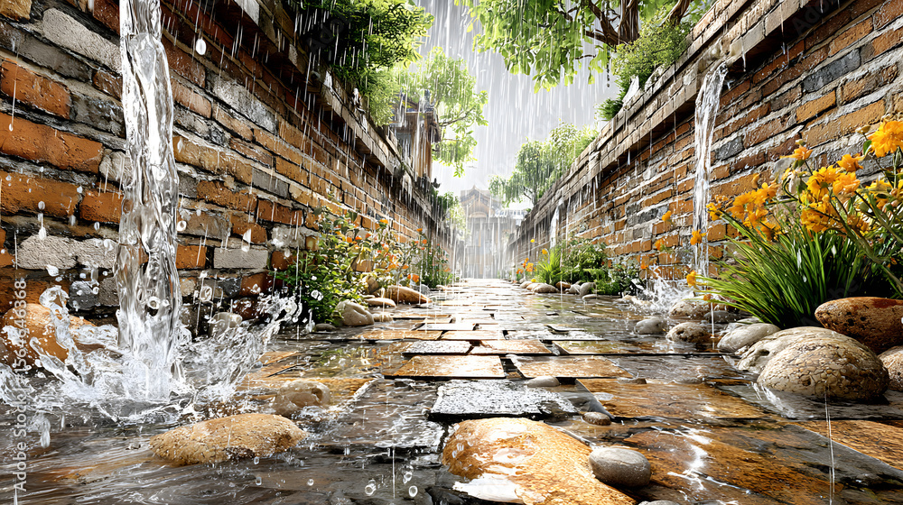 Fototapeta premium Cinematic Urban Alley in Rainy Season A tranquil garden with flowing water and flowers. Quiet Solitary Walk Through Narrow Streets Reflective Mood in Rain-Soaked Passage