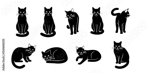 Elegant Pet Silhouettes: Black Cat Poses, Set of Minimalist Black Cat Icons, Dark Cat Collection: Spooky Feline Graphics.