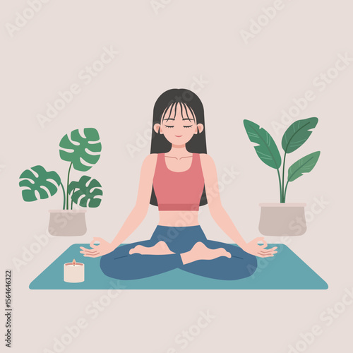 woman doing yoga exercises with plants indoor
