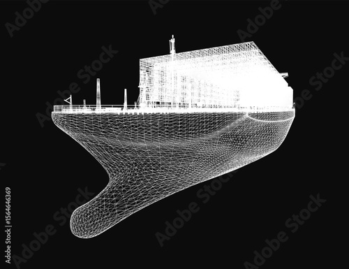 A large cargo ship 3D model rendered in crisp white stands out against a sleek black background. The detailed vessel features prominent containers, smooth hull lines, and realistic proportions.