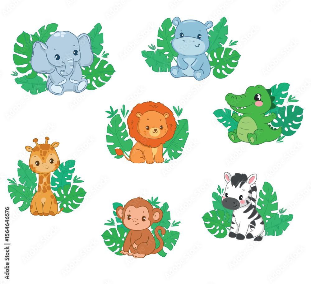 Fototapeta premium Cute Jungle Animals Vector Set Giraffe, Elephant, Hippo, Crocodile, Lion, Zebra and Monkey with Tropical Leaves on White Background Hand Drawn
