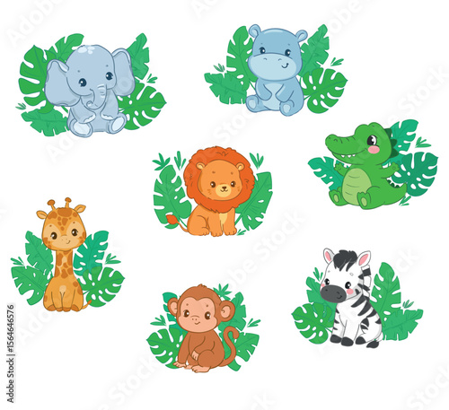 Cute Jungle Animals Vector Set Giraffe, Elephant, Hippo, Crocodile, Lion, Zebra and Monkey with Tropical Leaves on White Background Hand Drawn