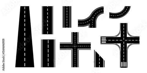 Vector Road Pieces Set for Creative Map Design, Black and White Road Elements for Transportation Graphics, Road Segments and Intersections - Vector Art Collection.