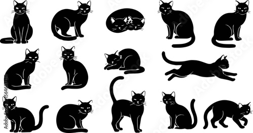Black Cat Silhouettes: Various Poses Collection, Mysterious Feline Graphic Set: Isolated Black Cats, Halloween Black Cat Vector Illustrations, Elegant Pet Silhouettes: Black Cat Poses.