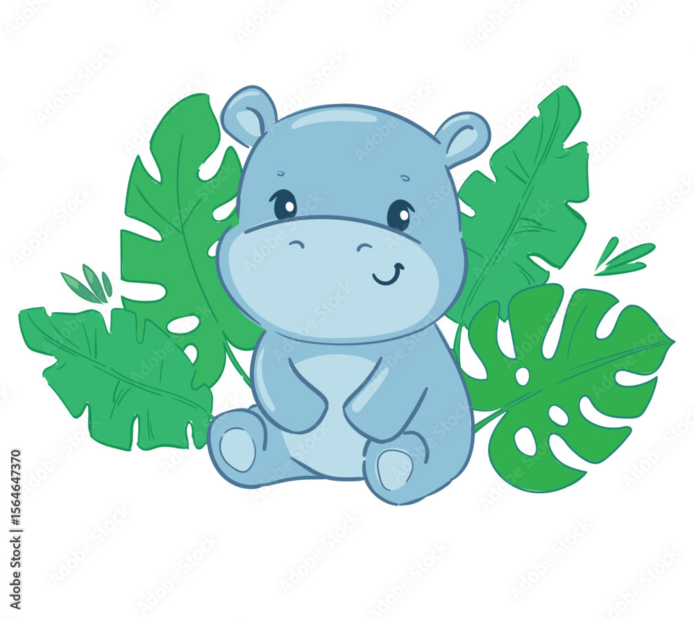 Fototapeta premium Hand Drawn Cute Baby Hippo with Green Leaves Jungle Animal Vector on White Background
