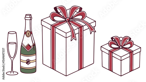 Vector Silhouette Collection of Champagne Gift Boxes with Ribbons and Bows in Festive Colors, Isolated on White Background for Holiday and Celebration Design