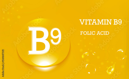 Vitamin B9, folic acid. Drops of water on a yellow gradient background. Food supplement and healthy lifestyle. Poster.