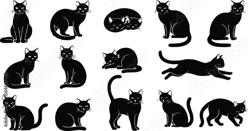 Black Cat Silhouettes: Various Poses Collection, Mysterious Feline Graphic Set: Isolated Black Cats, Halloween Black Cat Vector Illustrations, Elegant Pet Silhouettes: Black Cat Poses.