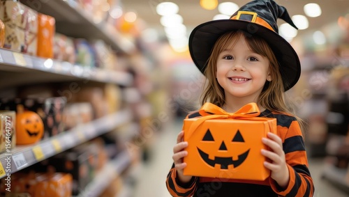 halloween shopping costume gift. A smiling child in a witch costume holds a pumpkin-shaped gift box in a festive store decorated for Halloween.