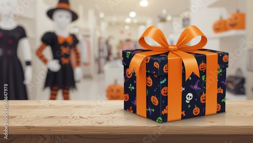 halloween shopping costume gift. A decorative Halloween gift box sits on a wooden table, with festive clothing displays in the background.