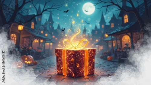 halloween shopping costume gift. A magical nighttime scene featuring a glowing gift box in a quaint village decorated for Halloween, with pumpkins and a full moon.