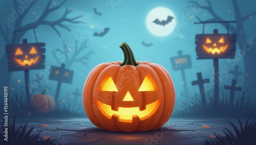 halloween shopping costume gift. A glowing jack-o'-lantern sits in a spooky graveyard, surrounded by eerie signs and bats under a full moon, capturing the essence of Halloween.