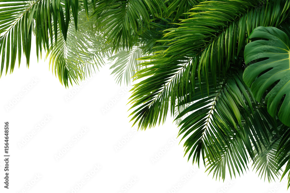 Tropical palm leaves forming upper corner frame, background, lush green foliage, vacation theme isolated on a Transparent background, PNG file. Tropical palm leaves forming upper corner frame, background, lush green foliage, vacation theme isolated on a Transparent background, PNG file.
