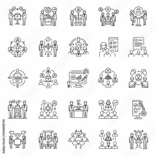 Collection of business meeting and teamwork icons depicting collaboration and communication in a line art style