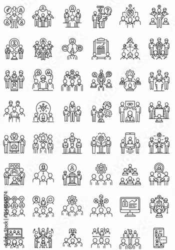 Collection of line art icons depicting various business and team collaboration scenarios and interactions