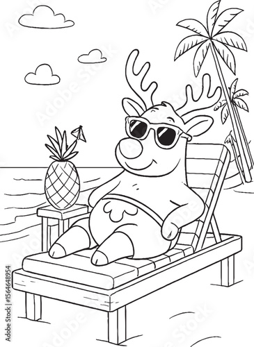 Cartoon Reindeer Lounging on Tropical Beach Chair with Pineapple Drink