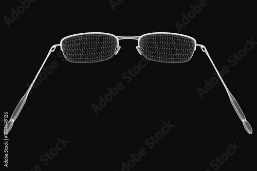 Sleek modern glasses with a thin frame and dark, slightly tinted lenses rest on a black background. The curved arms and minimalist design give a contemporary, stylish look.