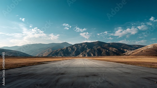 A wide-angle ground with a clear sky and mountainous background for vehicles or products placement. Copy space image. Place for adding text or design .