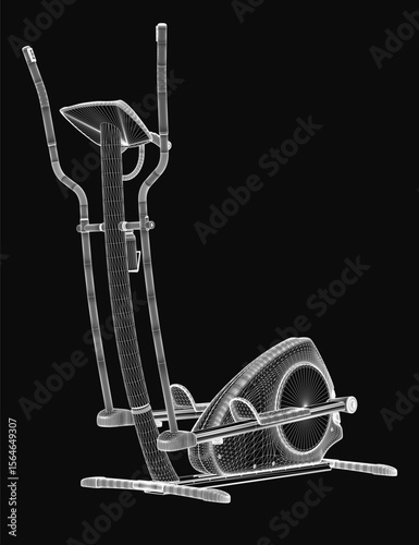 3D wireframe model of an elliptical trainer on a black background, featuring detailed handlebars, pedals, and seat for a realistic jogging machine. The intricate design highlights the mechanics