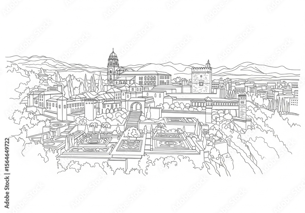 Fototapeta premium Alcazaba in Málaga one line drawing