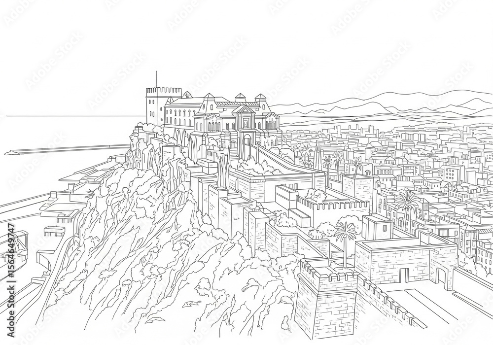 Obraz premium Gibralfaro Castle in Málaga one line drawing