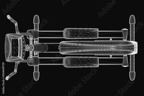 A 3D model of a jogging machine with detailed design elements, showcasing its sleek structure and functional components on a black background. The equipment features adjustable settings, ergonomic.