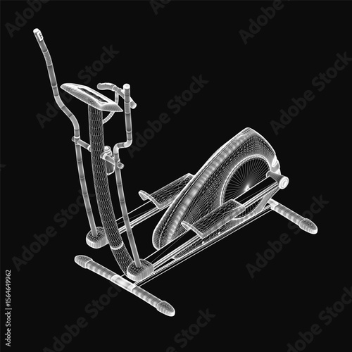 A sleek 3D model of an elliptical trainer stands prominently on a black background, highlighting its modern design and smooth curves. The detailed rendering showcases the machine's sturdy frame