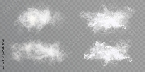 Vector illustration of realistic white smoke or foggy cloud with soft edges on transparent background.