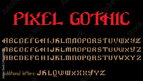 Three pixel art gothic font styles in one set. Decorative uppercase alphabets with medieval and retro design. Vector illustration.