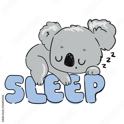 Cute cartoon koala sleeping on word SLEEP Hand Drawn nursery vector