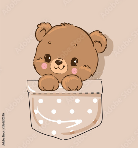 Hand Drawn Teddy Bear in Pocket Cute Animal Character Vector