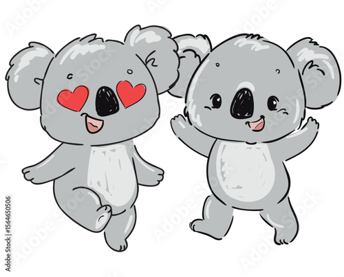Hand Drawn Cute Koala couple with heart eyes Vector love animals for kids design