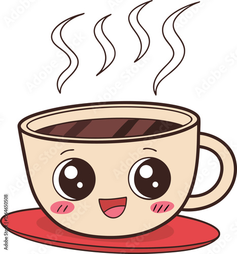 A cute animated coffee cup with a happy face, steaming with a heart shape, sitting on a red saucer.