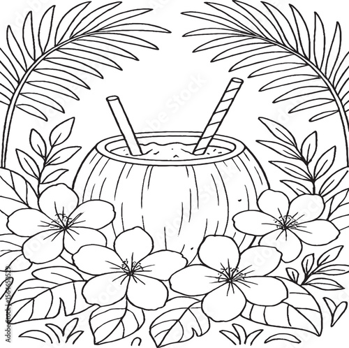 Tropical Coconut Drink with Palm Leaves and Exotic Flowers Coloring Page