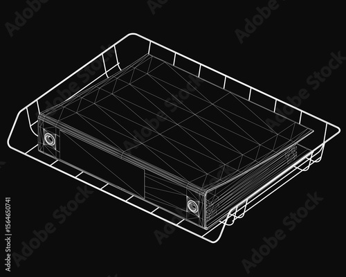 A 3D wireframe model of a rectangular box with intricate edges and glossy finish, displayed on a sleek black background. Perfect for office or folder design concepts, featuring clean lines and modern.